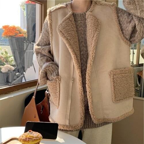 Faux Lamb Plush Vest Women2021New Winter Outer Wear Fashion Korean Vintage Loose Pullover Knitted Sweater Lamb Hair Vest 2-Piece