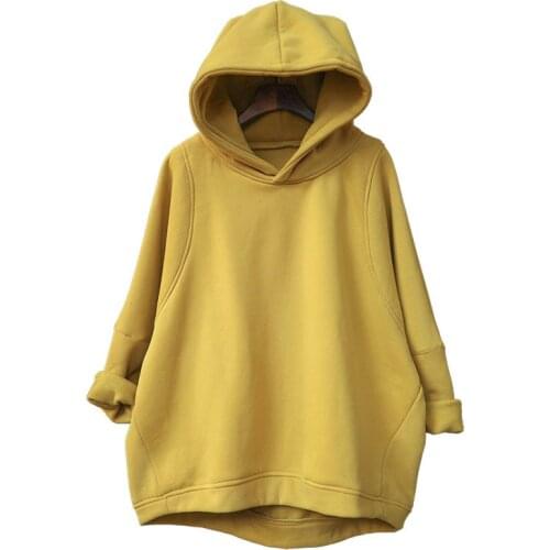 50-90KG Hooded Sweatshirt Women Fall/Winter Solid Color Long Sleeve Button Loose Pullover Plus Velvet Thick Simple Commuter Top