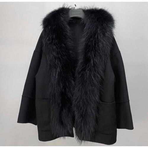 Black 2021 Ladies Winter Double-Sided Wool Coat Detachable Natural Raccoon Fur Collar Female Luxury Fur Jacket