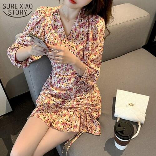 Spring Short Sleeve Mini Dress Korean Floral Vintage Dress 2021 V-neck High Waist Women Pleated Chiffon Dress Vestido Robe 13263