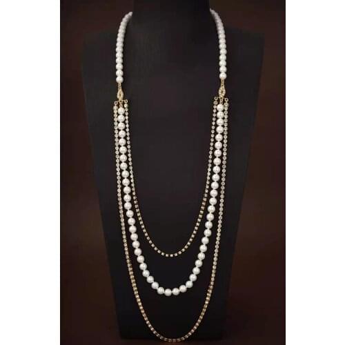 2020 Fashion Jewelry Women Chain Long Gold Color Rhinestone Pearls Necklace Party Fine Fashion Jewelry