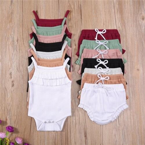 7 Colors Toddler Newborn Infant Baby Boy Girls Summer Clothes Sets Ribbed Knitted Sleeveless Ruffles Bodysuits+High Waist Shorts