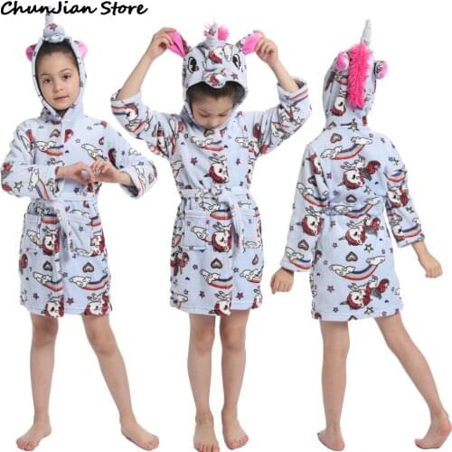 3-12Years Baby Infant Girl Rainbow Unicorn Bathrobes Children Sleepwear Pyjamas Kids Unicorn Bath Robes Beach Towels