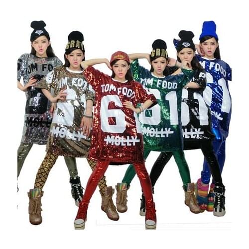 Free Shipping Summer Cheap Fashion Hip Hop Bling Sequin T shirt Long Women Printed Sequined T Shirt For Dance