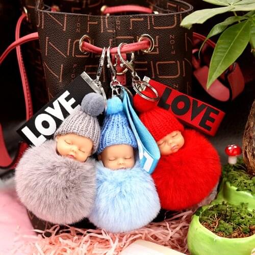 Sleeping Baby Doll Keychain Flower Pompom Rabbit Fur Ball Key Chain Fluffy Car Keyring porte clef Bag Key Ring