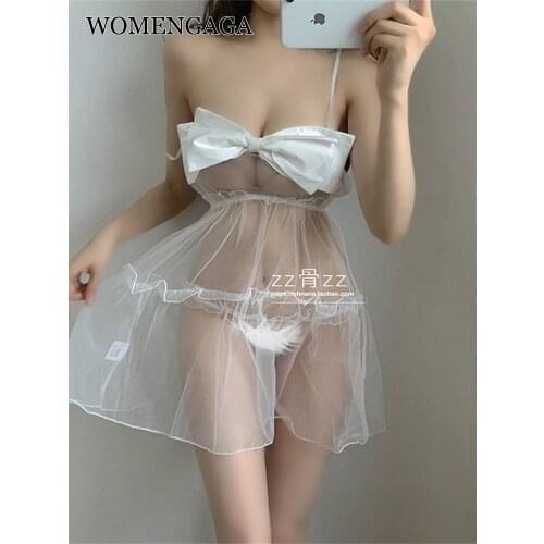 WOMENGAGA 2021 Cosplay Hot New Sexy Home Mesh Perspective Bow Mesh Slash Neck Low Chest Transparent Mini Dress Women K9H5