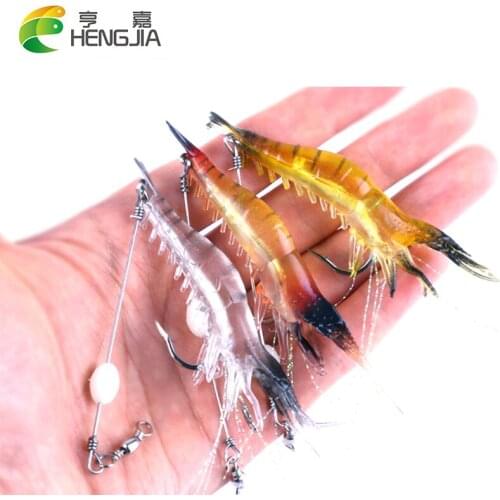 HENGJIA 100PCS Shrimp Soft 9cm/6g Artificial Bait With Glow Hook Swivels Fishing Lure
