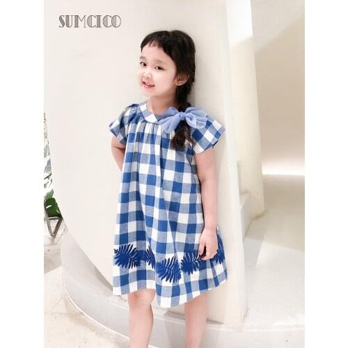 Sumcico Girls cotton blue checkered embroidered dress French A-line skirt