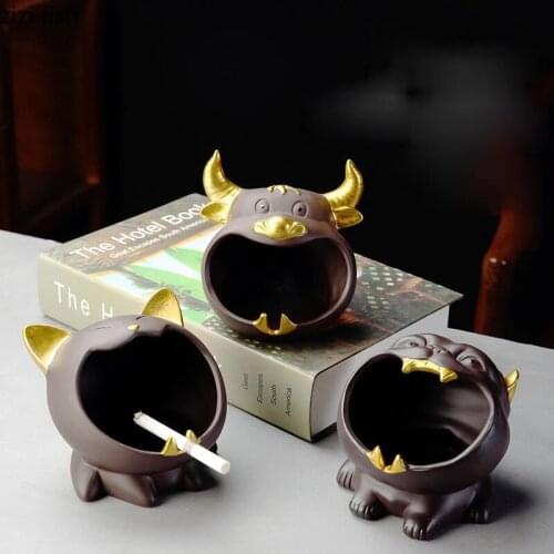 Ceramic Animal Ashtray Purple Clay Ash Storage Box Cow/dog/cat Storage Ornaments Smoking Accessories Imitation Fly Ash Ashtray