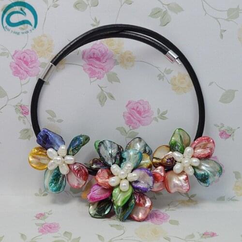 Handmade Shell Flower Leather Jewellery,Perfect Women Gift Multicolor Real Freshwater Pearl Sea Shell Flower Leather Necklace