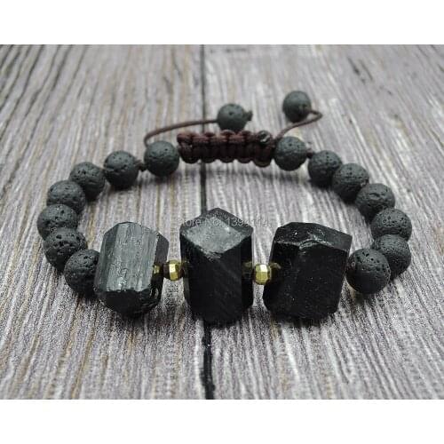Natural Black Tourmaline Double Pointed Beads 8mm 10mm Volcanic Round Beads Knot Handmade Bracelet Adujstable 8Inch