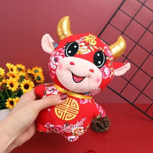 2021 New Year Red Cow Mascot Plush Doll Chinese Zodiac Ox Cattle Plush Toy Gift