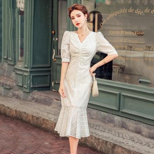 LLZACOOSH 2020 Spring Summer New Korean Style Office Ladies Midi Mermaid Dress Women Half Sleeve Bodycon Ruffles Party Dresses