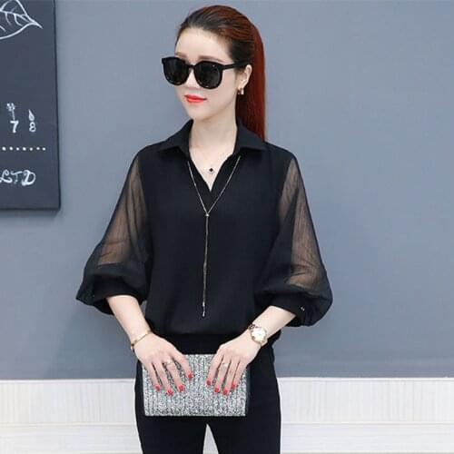 See Through Women Spring Summer Style Chiffon Mesh Patchwork Blouses Shirts Lady Casul Long Lantern Sleeve Blusas Tops DD1561