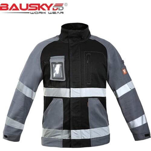 Bauskydd 100% cotton Jacket Long Sleeved Black Patchwork Work Jacket Workwear Men Jacket hi vis Reflective Cargo Uniforms