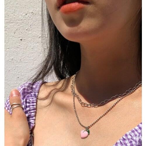 Adjustable Sweet Peaches Choker Cute Gothic Stainless Steel Chain 2 Layers Necklaces Collar for Women Girls Party Jewelry Gifts