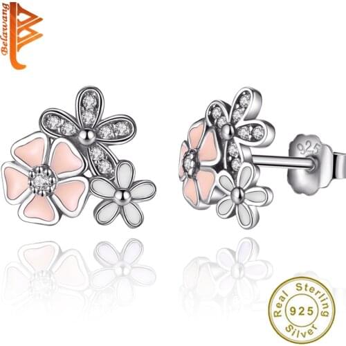 Fashion 925 Sterling Silver Primrose Daisy Flower Stud Earrings &Pink Enamel Clear CZ for Women Wedding Earring brincos Jewelry