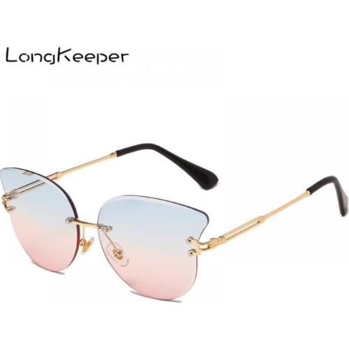 Women Rimless Cat Eye Sunglasses Luxury Brand Design Metal Sun Glasses Ladies Gradient Lens Eyewear Blue Pink Gafas de sol