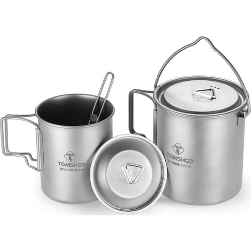 TOMSHOO 3PCS Titanium Pot Water Mug Cup Set Lightweight Mug Outdoor Camping Pot Picnic Hang Pot Cooking Pots with Folding Spork