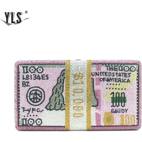 Unique Design USD $100 Dollars Money Clutch Women Crystal Diamond Celebrity Evening Bags Luxury Pink Party Purses Handbag