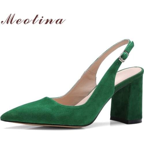 Meotina Genuine Leather Slingbacks Shoes Women High Heels Kid Suede Thick Heel Pumps Buckle Pointed Toe Ladies Footwear Size 42
