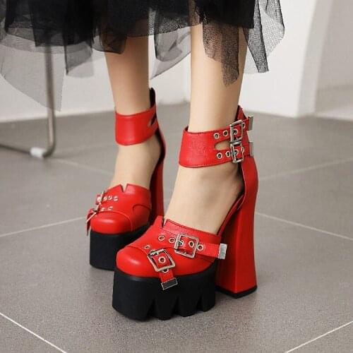 New Women Fashion Sandals Square head Thick Bottom High Heels Buckle Strap Slingback Punk Style Cool Ladies Size 34-43