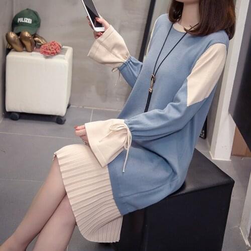 Women Autumn Winter Knitted Sweater Dress New Color Matching Loose Oversize Long Sleeve Casual Jumper Female Knit Mid Long Dress