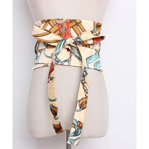 Womens runway fashion print satin Cummerbunds female Dress Corsets Waistband Belts bow decoration wide belt R1320