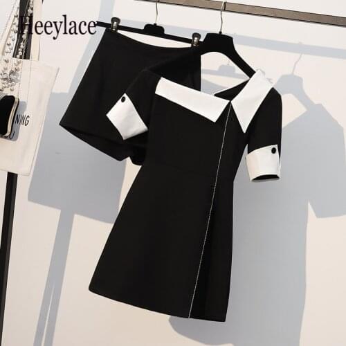 Plus size women Summer two piece set korean irregular collar short sleeve patchwork blazer dresses and shorts set for women suit