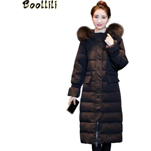 Boollili Winter Duck Down Jacket Woman Hooded Puffer Long Coat Raccoon Fur Collar Warm Womens Jackets Doudoune Femme Hiver