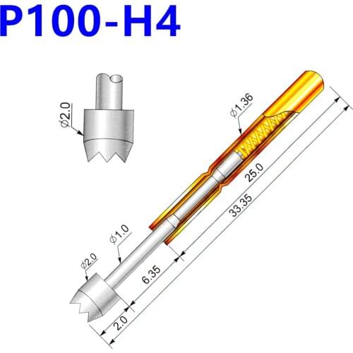 100 PCS P100-H4 Nine-jaw Plum Blossom Head 2.0mm Spring Test Probe Length 33.35mm for Testing Circuit Boards