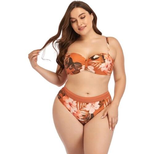 2021 Sexy Womens Plus Size Swimsuit Fat Lady Strappy Retro Bikini Floral Print Split High Waist Swimwear SW236