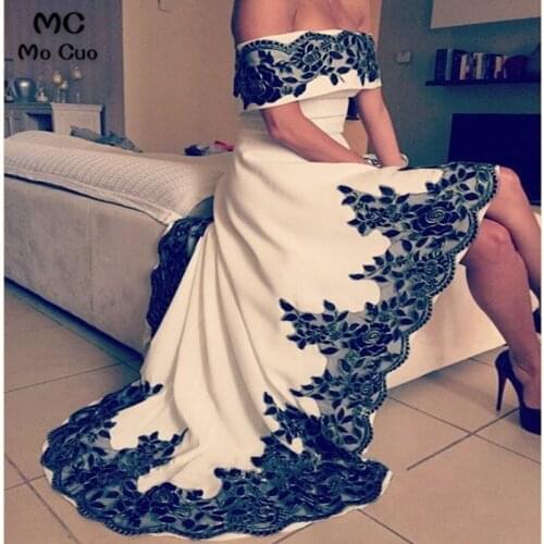 2019 Evening Dresses vestidos de fiesta Dubai Arbaic High Low Long Boat Neck Evening Pageant Dress With Black Appliques Beaded