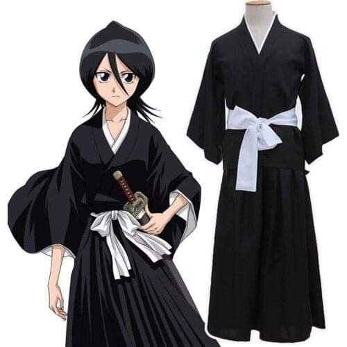 Anime Bleach Cosplay Kuchiki Rukia Gotei 13 Thirteenth Division Captain Soul Reaper Costume Black Kimono Halloween Party Wear