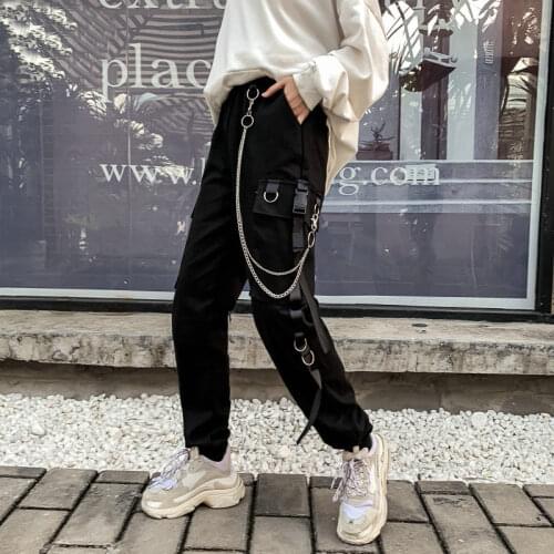 Women Men Cargo Pants Harajuku Chain Pockets Ankle Trousers High Waist Chain Hip-hop Punk Black Harem Pants Streetwear