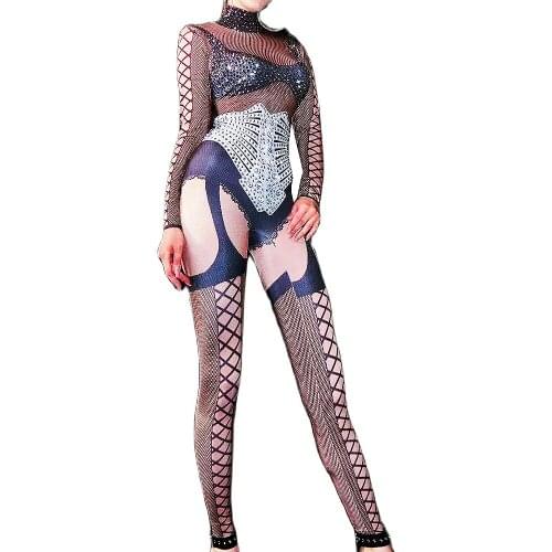Black Pattern Printing Sexy Jumpsuit Mesh Gauze Rhinestones Bodycon Nightclub Dance Show Wear Performance Suit Uniform Costumes