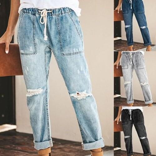 Jeans Ladies Retro Mid-Waist New Hole Lace-Up Summer Stretch Casual Commuter Women Stitching Street Straight Trousers All-Match