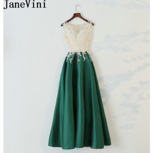 JaneVini 2020 Elegant Green Satin Wedding Guest Gowns Beaded Lace Sleeveless Long Bridesmaid Dresses for Wedding Party for Woman
