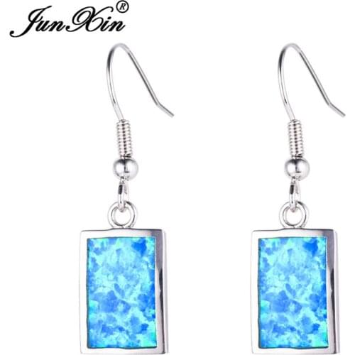 JUNXIN Bohemian Blue Fire Opal Dangle Earring Silver Color Earrings For Women Double Sided Earrings