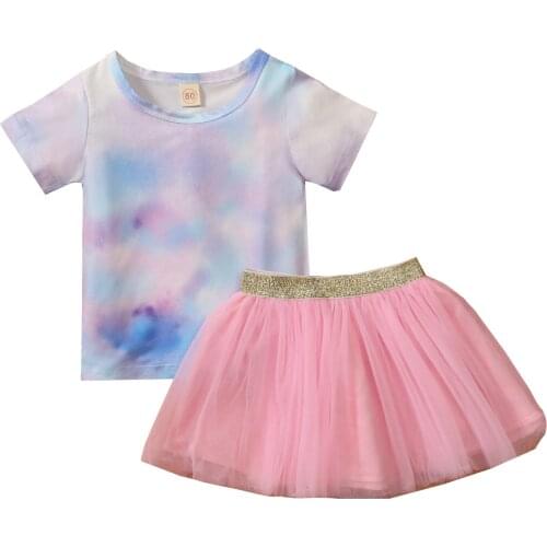 Fashion Summer Kids Girls Clothes Sets Kids Tie dye Printed Short Sleeve Tops+Tulle Skirt 2pcs Outfits Children Clothing 1-5Y
