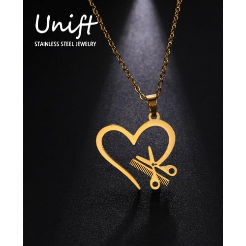 Unift Fashion Stainless Steel Necklace for Women Heart Shape Comb Scissors Choker Barber Shop Hairdresser Pendant Trendy Jewelry