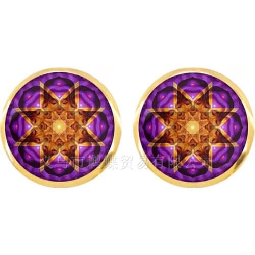 Fashion Stud Earrings OM Yoga Chakra Mandala 12mm Glass Dome Jewels Sacred Geometric Goden/Antique Bronze Plated Earrings