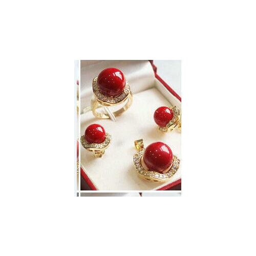 Real newjewelry Womens Wedding design! wonderful 11*14MM ROUND RED CORAL SOUTH SEA SHELL PEARL earrings ring & pendant set