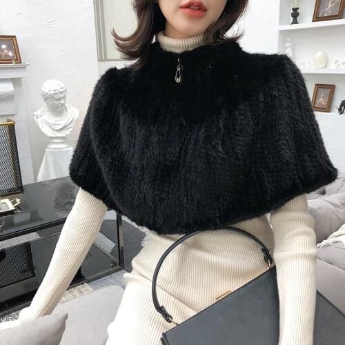 Natural mink knitted shawl mink fur small cloak winter fur cut shoulder evening party mink fur shawl natural mahogany