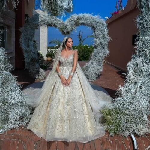 Charming Extra Long Train Wedding Dresses V Neck With Straps Glitter Crystals Beadings Plus Size Bridal Ball Gown Wedding Dr