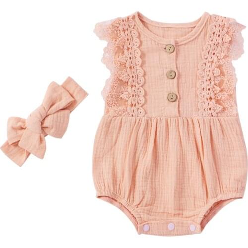 Newborn Baby Summer Clothing Cotton Linen Outfit Sleeveless Lace Romper+Bow Headband Set for 0-12M Baby Girls
