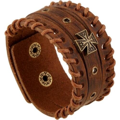 Punk Vintage Retro Cross Jewelry Bronze Charm Brown Wide Genuine Leather Bracelet Cuff Women Men Biker Fashion Wristbands Bangle