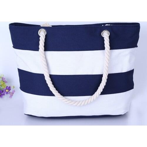 Striped Printed Canvas Shoulder Bag Large Capacity Vacation Beach Bag For Women Hemp Rope Tote Bag Female Casual Handbags