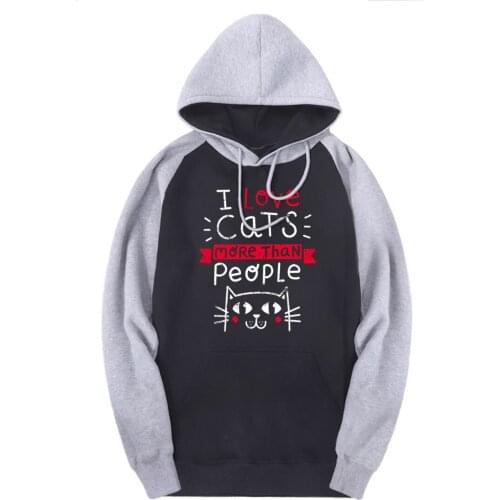 I Love Cats Solid Mans Raglan Sweatshirts Hooded Fleece Casual Clothing Winter Autumn Hoodies Male Hip Hop Outdoor Hoody Homme