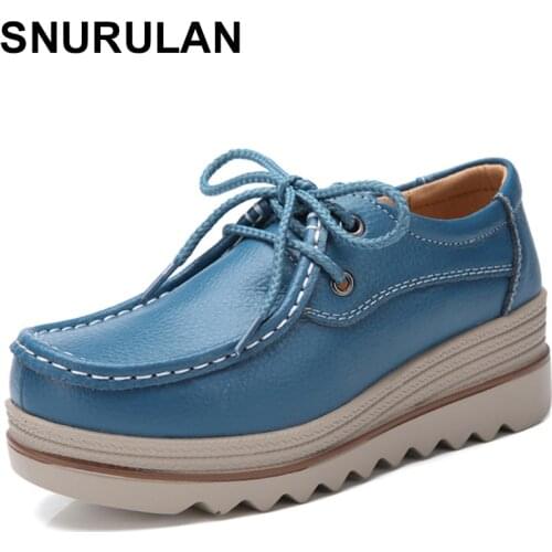 SNURULANLace Up Leather Women Loafers Comfortable Female Sneakers Height Increasing 5CM Ladies Casual Shoes Lightweight Walking